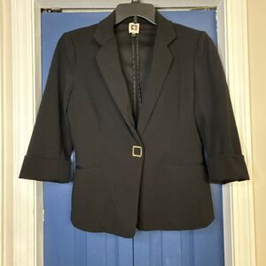 Anne Klein Black 3/4 Sleeve Blazer Gold Snap Buckle Size M